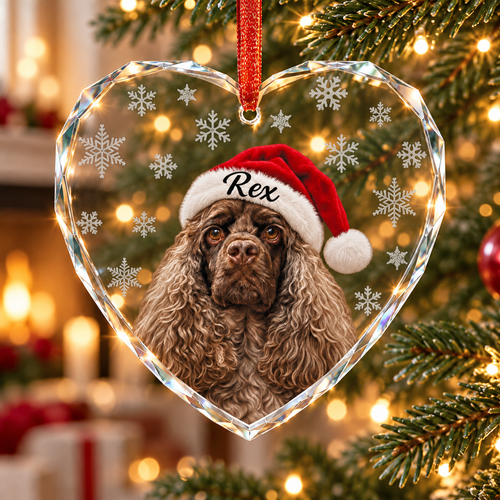 Crystal Dog Ornament — Personalized Santa Hat Cocker Spaniel Heart Glass Decoration