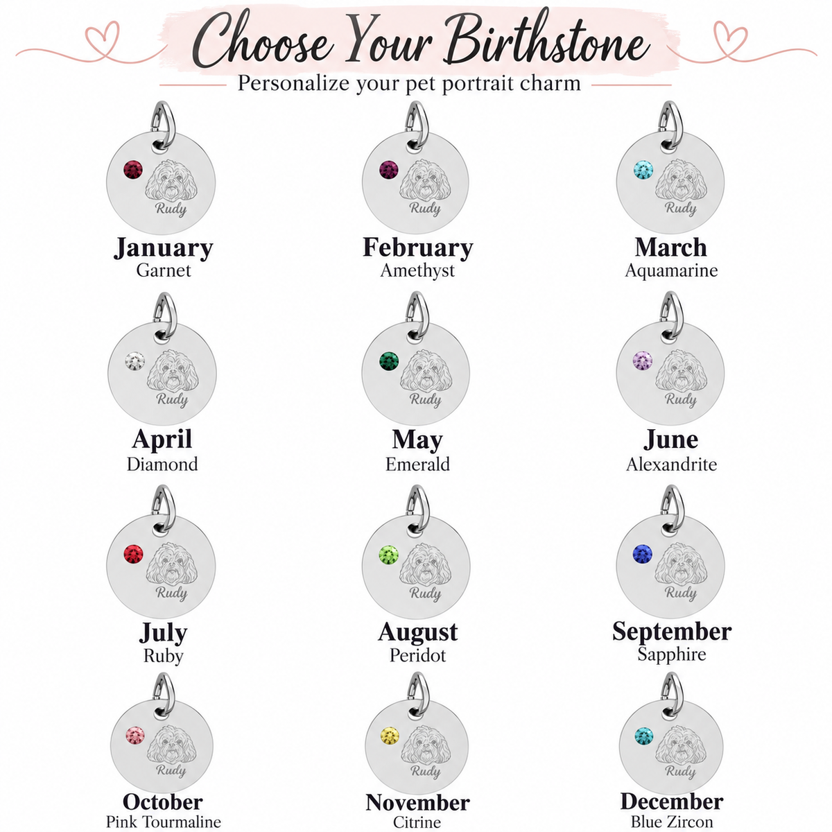 Engraved Birthstone Circle Charm — Personalized Pet Name & Birthstone Pendant