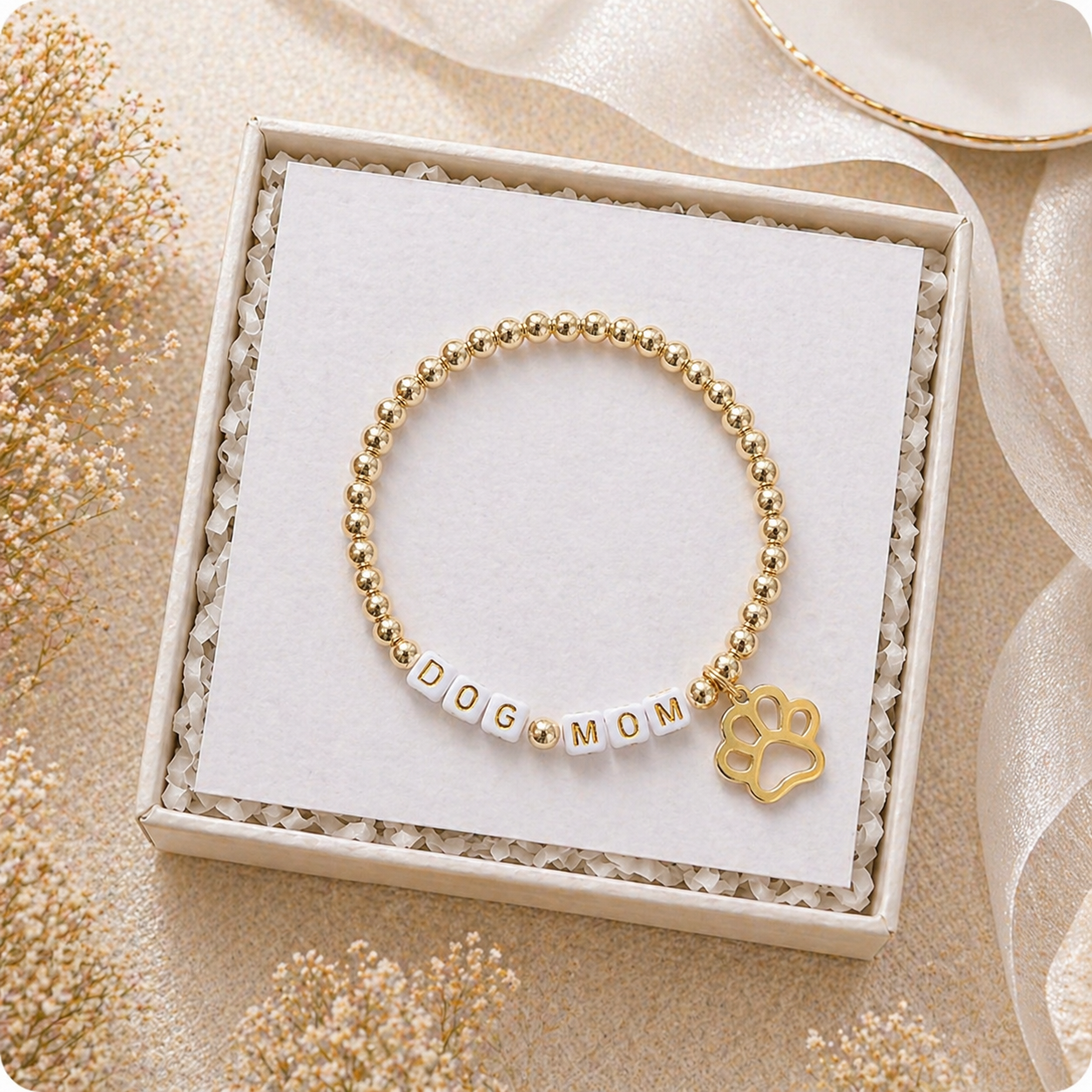 Gold Dog Mom Beaded Bracelet