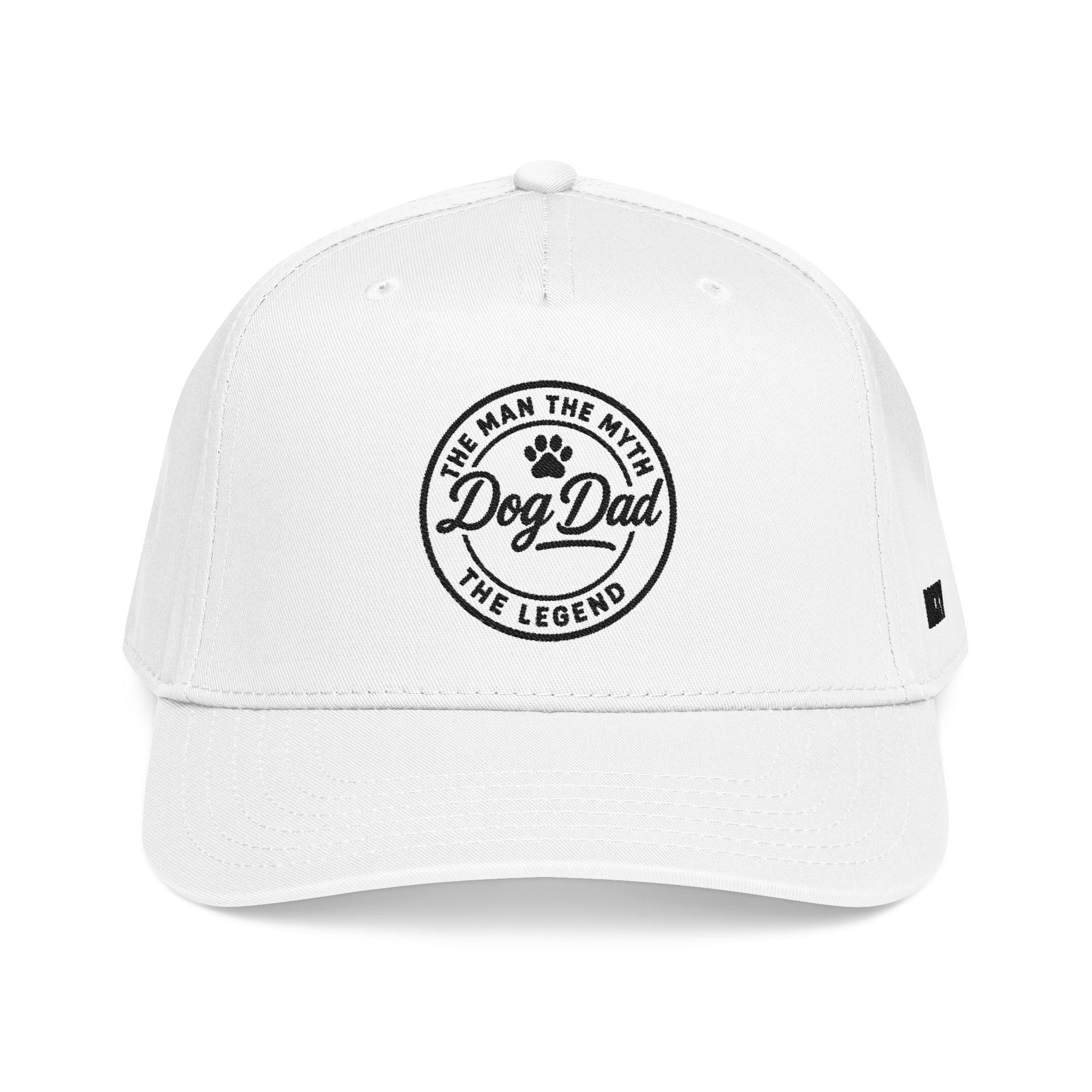 White cap with black 'Dog Dad' text on a white background