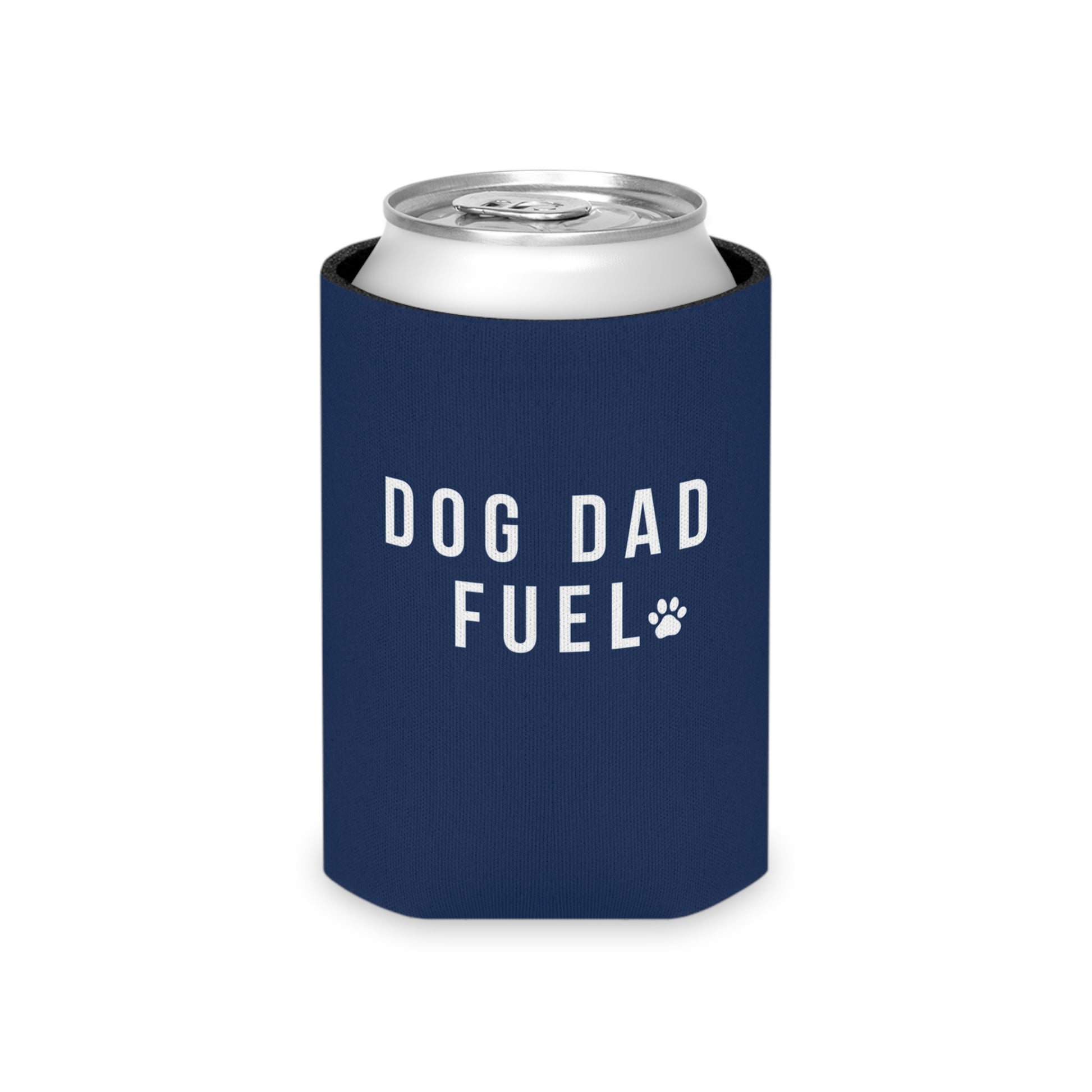 Dog Dad Fuel Can Cooler — Navy Can Koozie with Paw Print