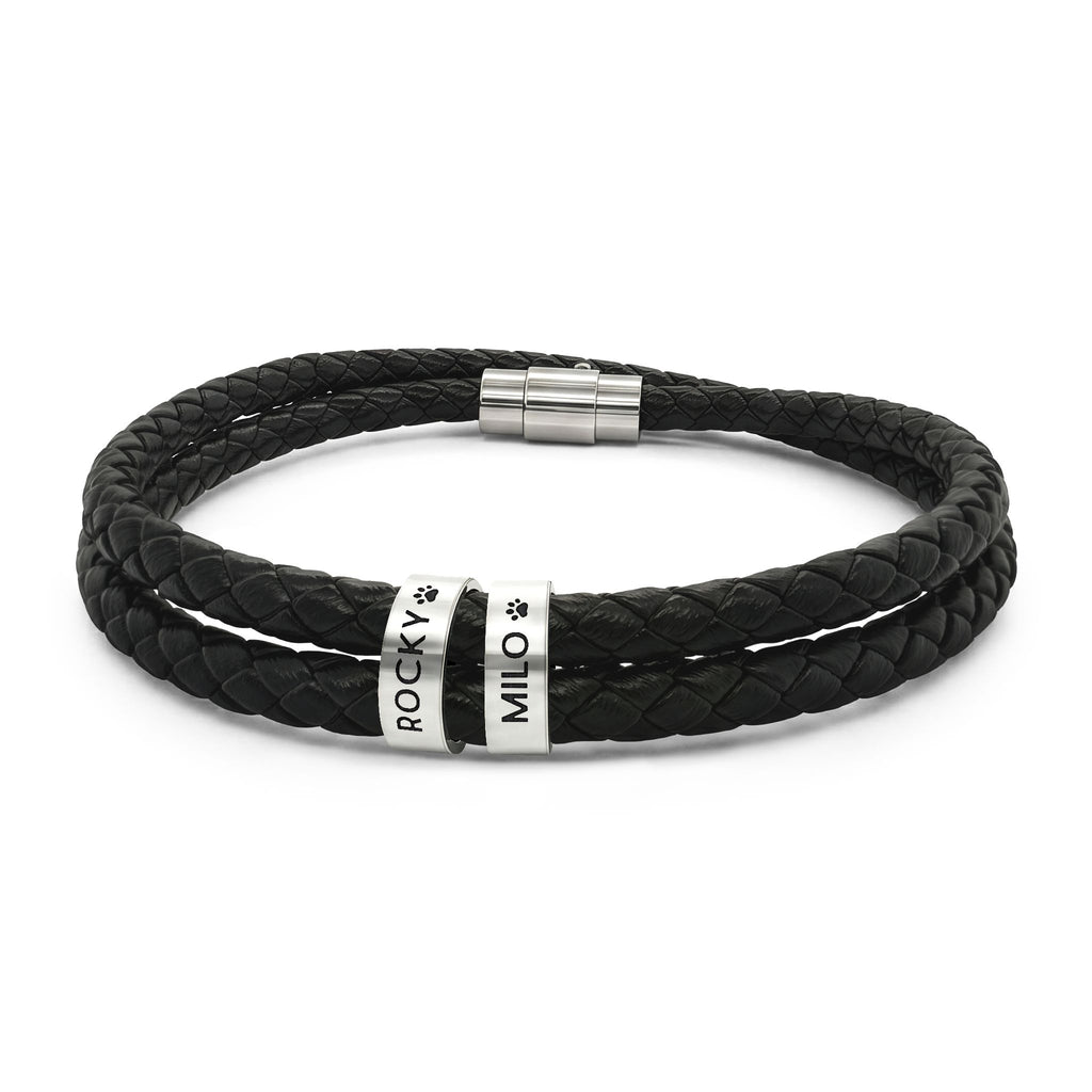 Engravable Black Braided Leather Bracelet with Stainless Steel Beads