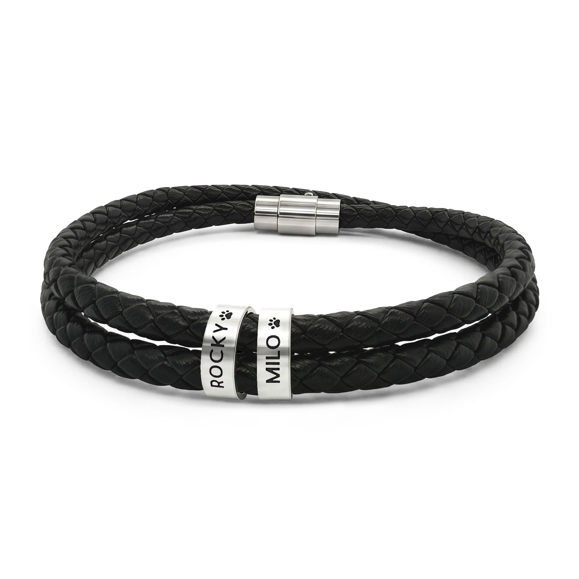 Engravable Black Braided Leather Bracelet with Stainless Steel Beads