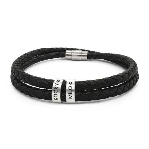 Engravable Black Braided Leather Bracelet with Stainless Steel Beads