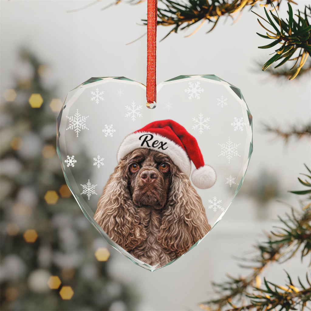 Crystal Dog Ornament — Personalized Santa Hat Cocker Spaniel Heart Glass Decoration