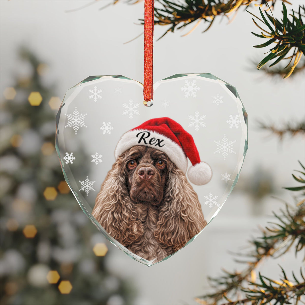 Crystal Dog Ornament — Personalized Santa Hat Cocker Spaniel Heart Glass Decoration