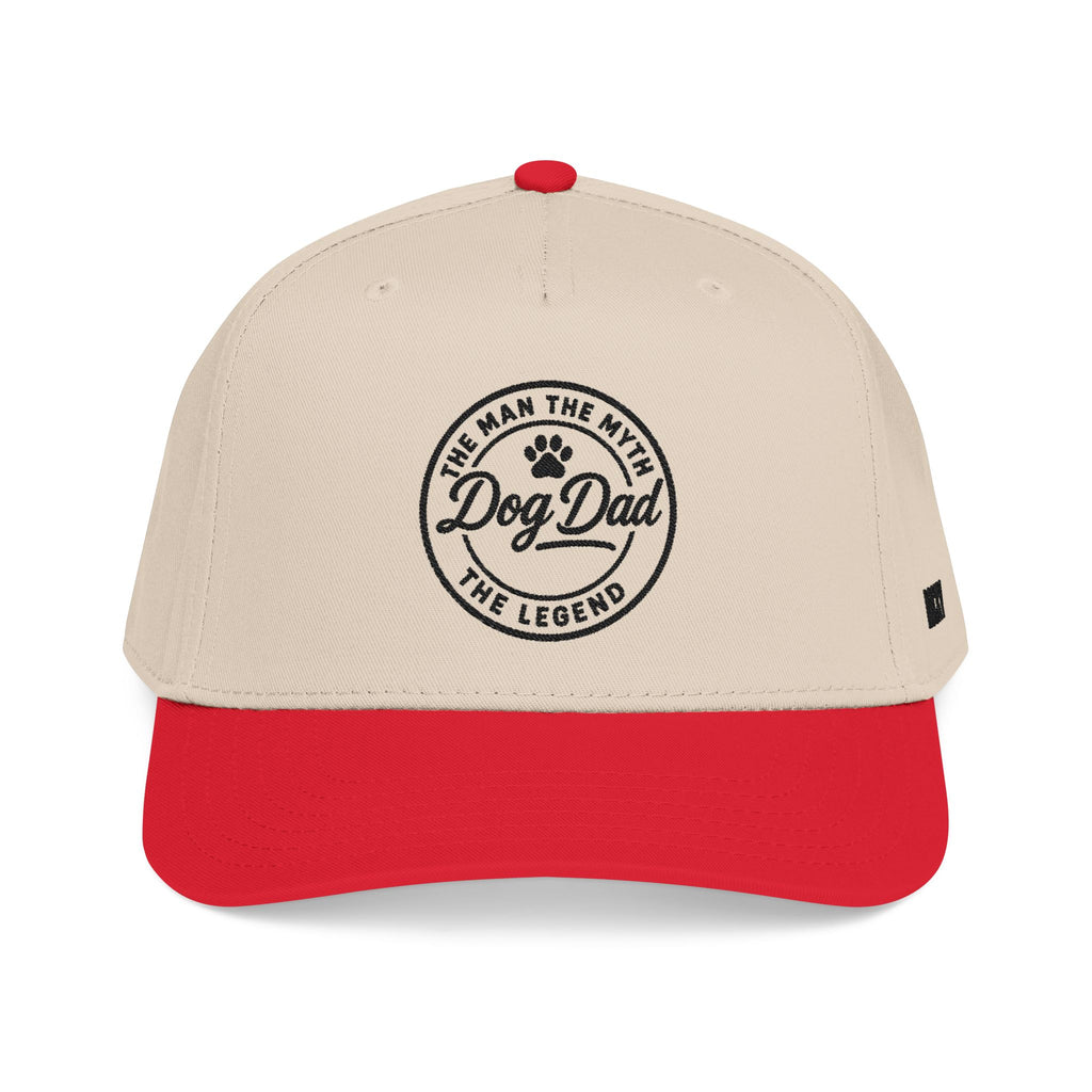 Beige and red cap with 'Dog Dad' text on a white background