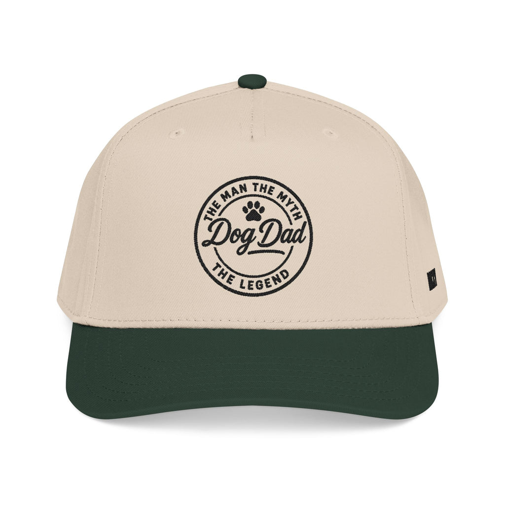 Beige and green cap with 'Dog Dad' text on a white background