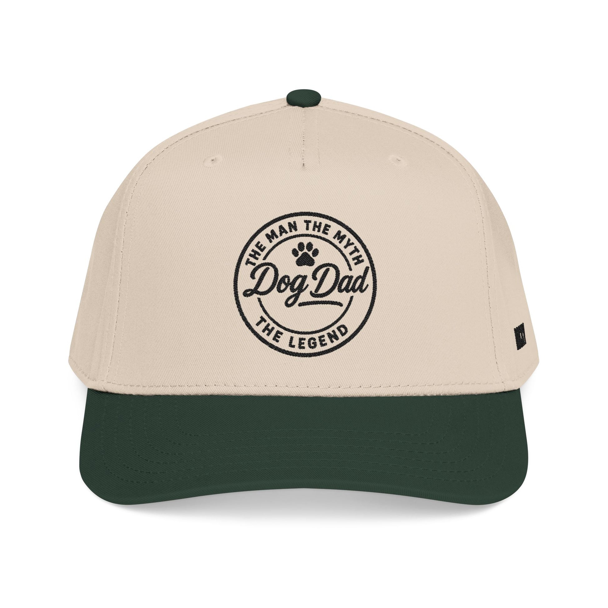 Beige and green cap with 'Dog Dad' text on a white background