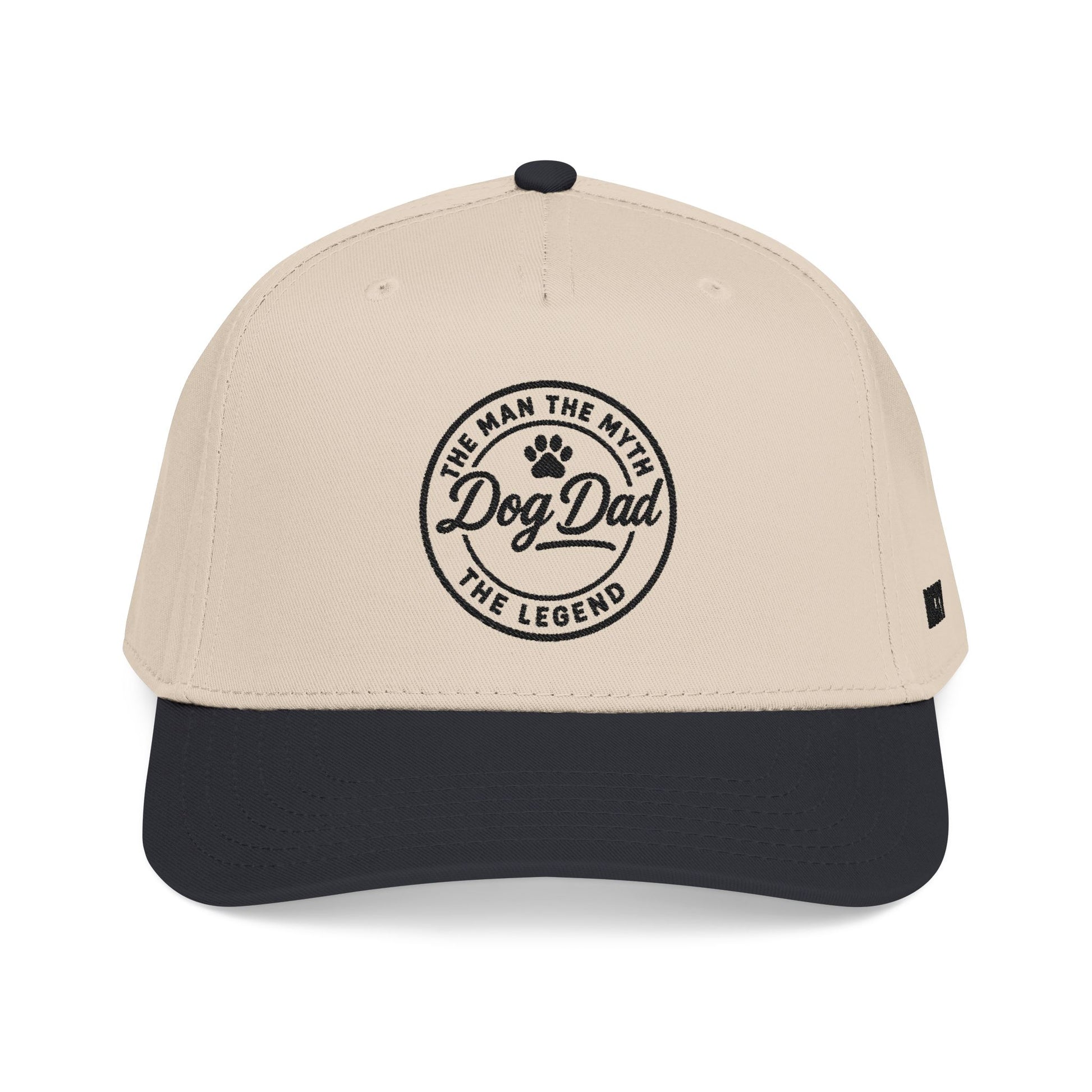Beige and black cap with 'Dog Dad' text on a white background
