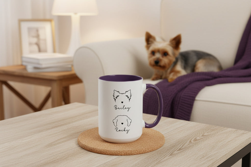 White mug with purple handle and interior on a white background