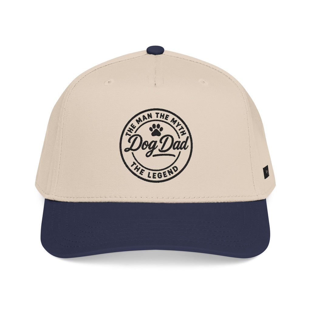 Beige and navy cap with 'Dog Dad' text on a white background