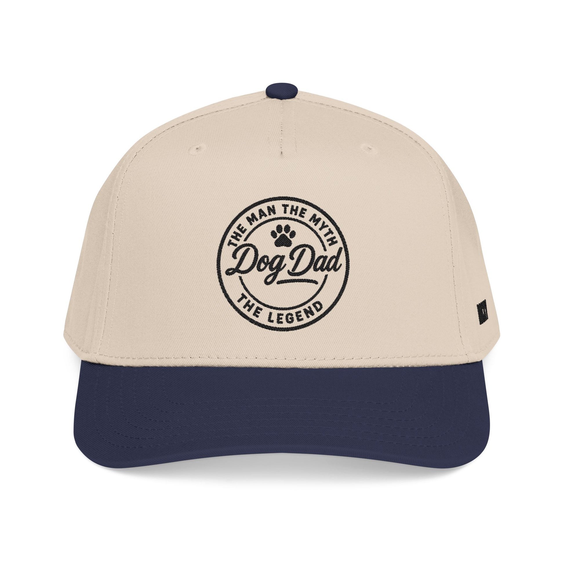 Beige and navy cap with 'Dog Dad' text on a white background