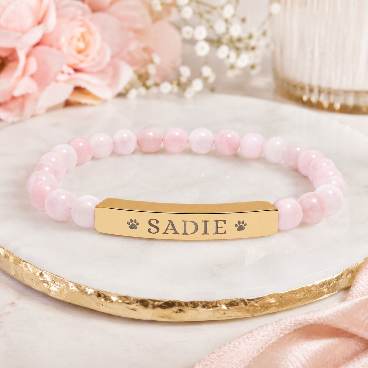 Engravable Natural Stone Stretch Bar Bracelet — Personalized Dog Name Beaded Bracelet
