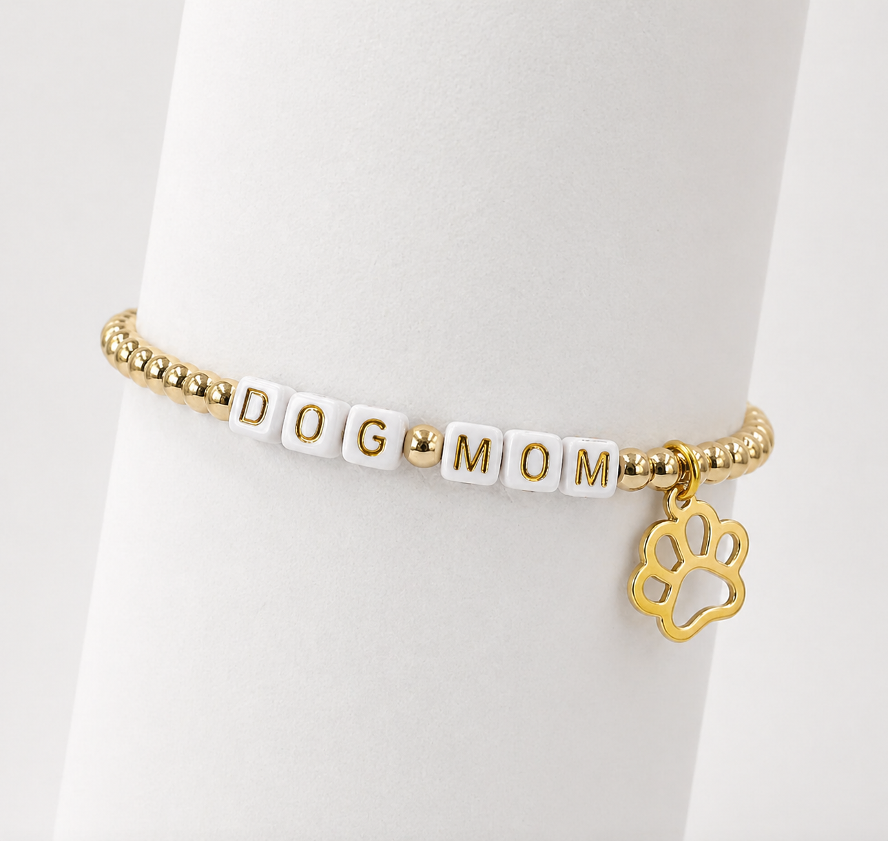 Gold Dog Mom Beaded Bracelet