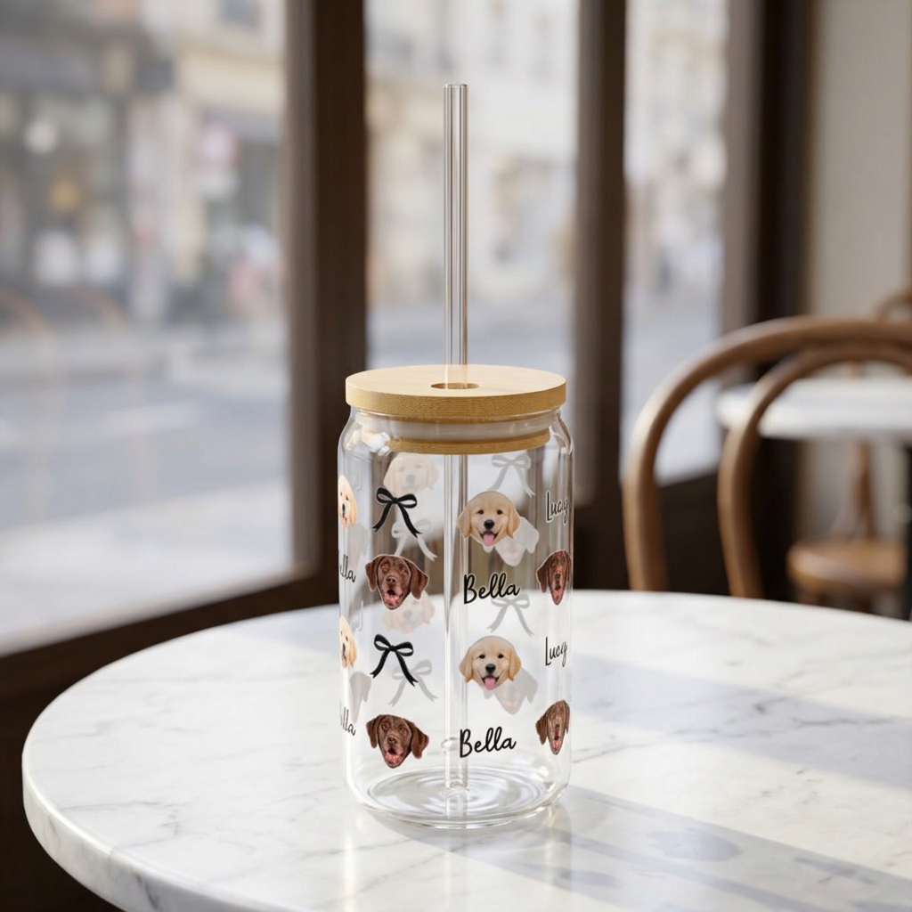Personalized Dog Face Sipper Glass – 16oz Clear Tumbler with Bamboo Lid & Straw (Custom Name)
