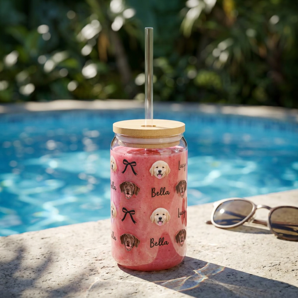 Personalized Dog Face Sipper Glass – 16oz Clear Tumbler with Bamboo Lid & Straw (Custom Name)