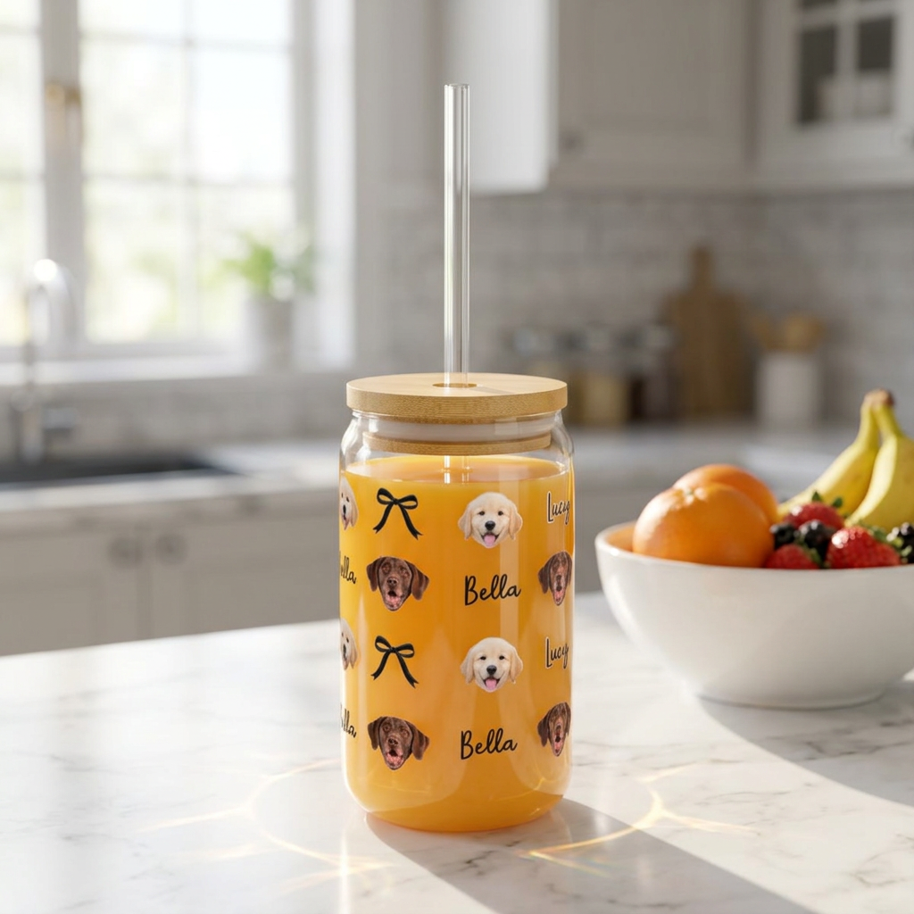 Personalized Dog Face Sipper Glass – 16oz Clear Tumbler with Bamboo Lid & Straw (Custom Name)