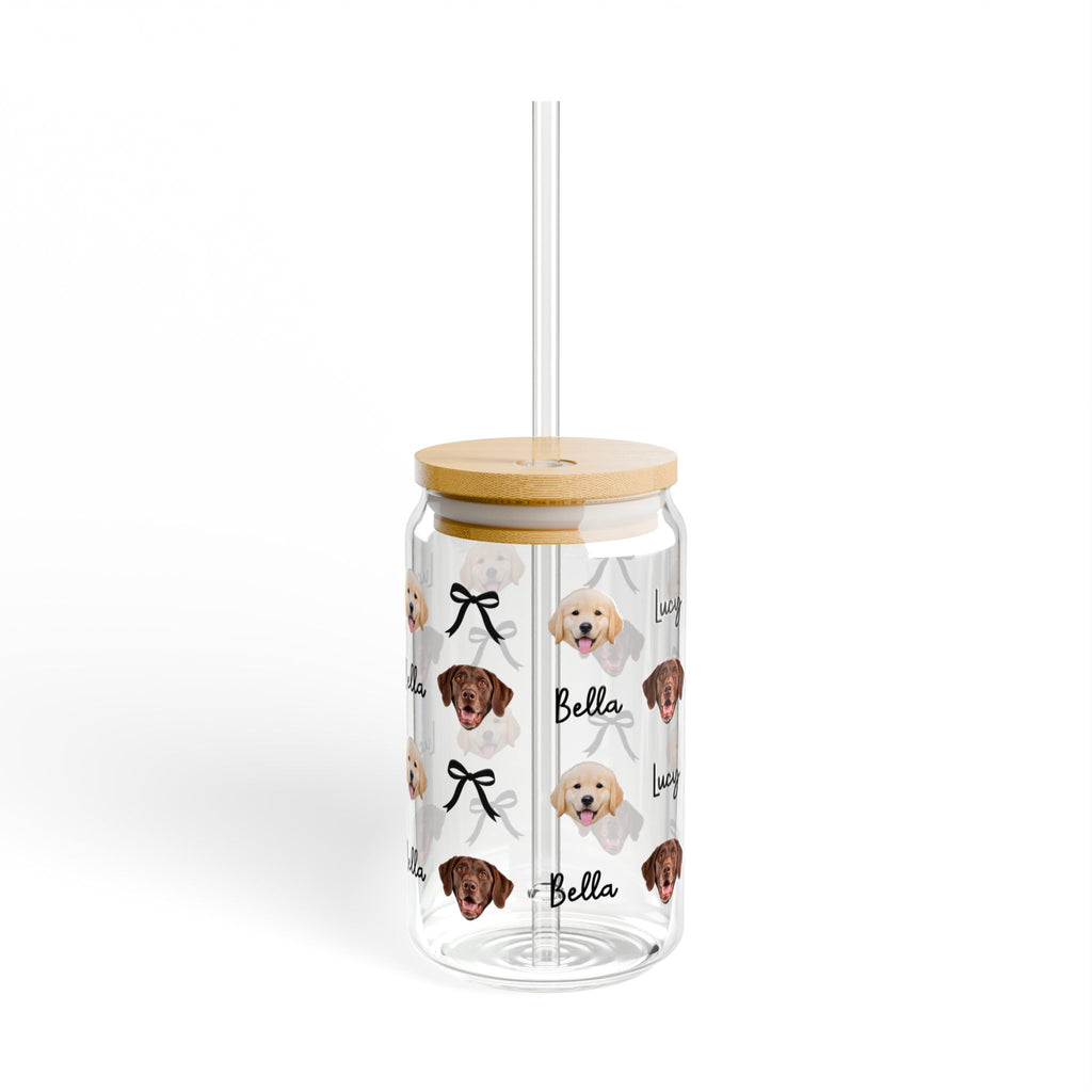 Personalized Dog Face Sipper Glass – 16oz Clear Tumbler with Bamboo Lid & Straw (Custom Name)
