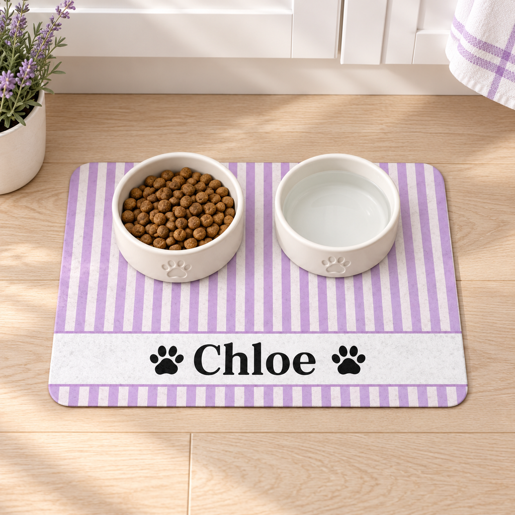 Personalized Purple Stripe Pet Food Mat – Custom Name Paw Print Placemat (12x18)