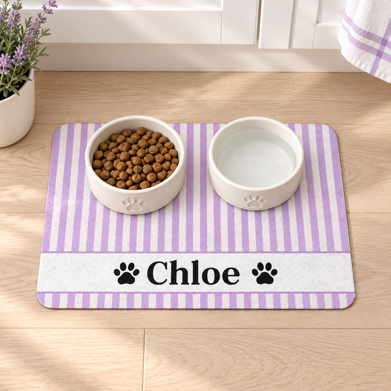 Personalized Purple Stripe Pet Food Mat – Custom Name Paw Print Placemat (12x18)