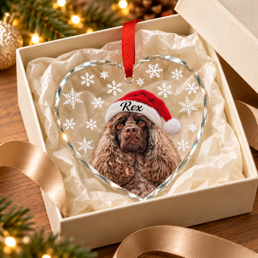 Crystal Dog Ornament — Personalized Santa Hat Cocker Spaniel Heart Glass Decoration