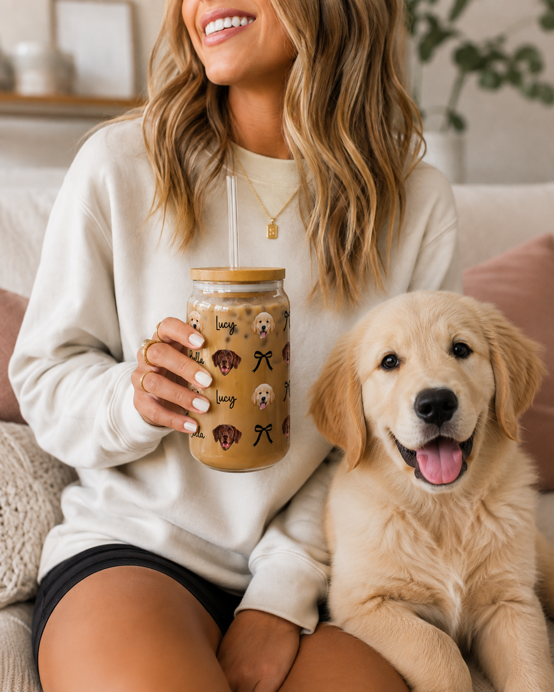 Personalized Dog Face Sipper Glass – 16oz Clear Tumbler with Bamboo Lid & Straw (Custom Name)