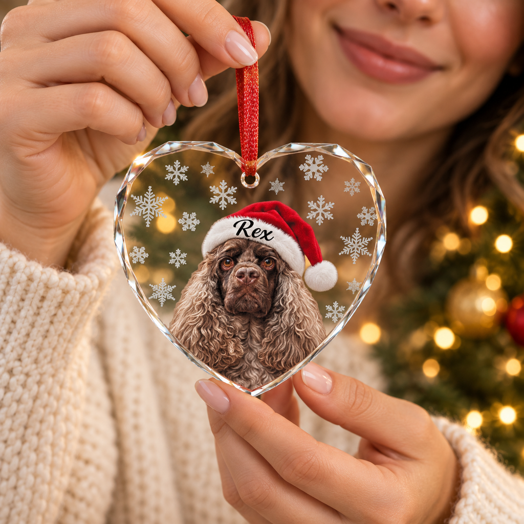 Crystal Dog Ornament — Personalized Santa Hat Cocker Spaniel Heart Glass Decoration