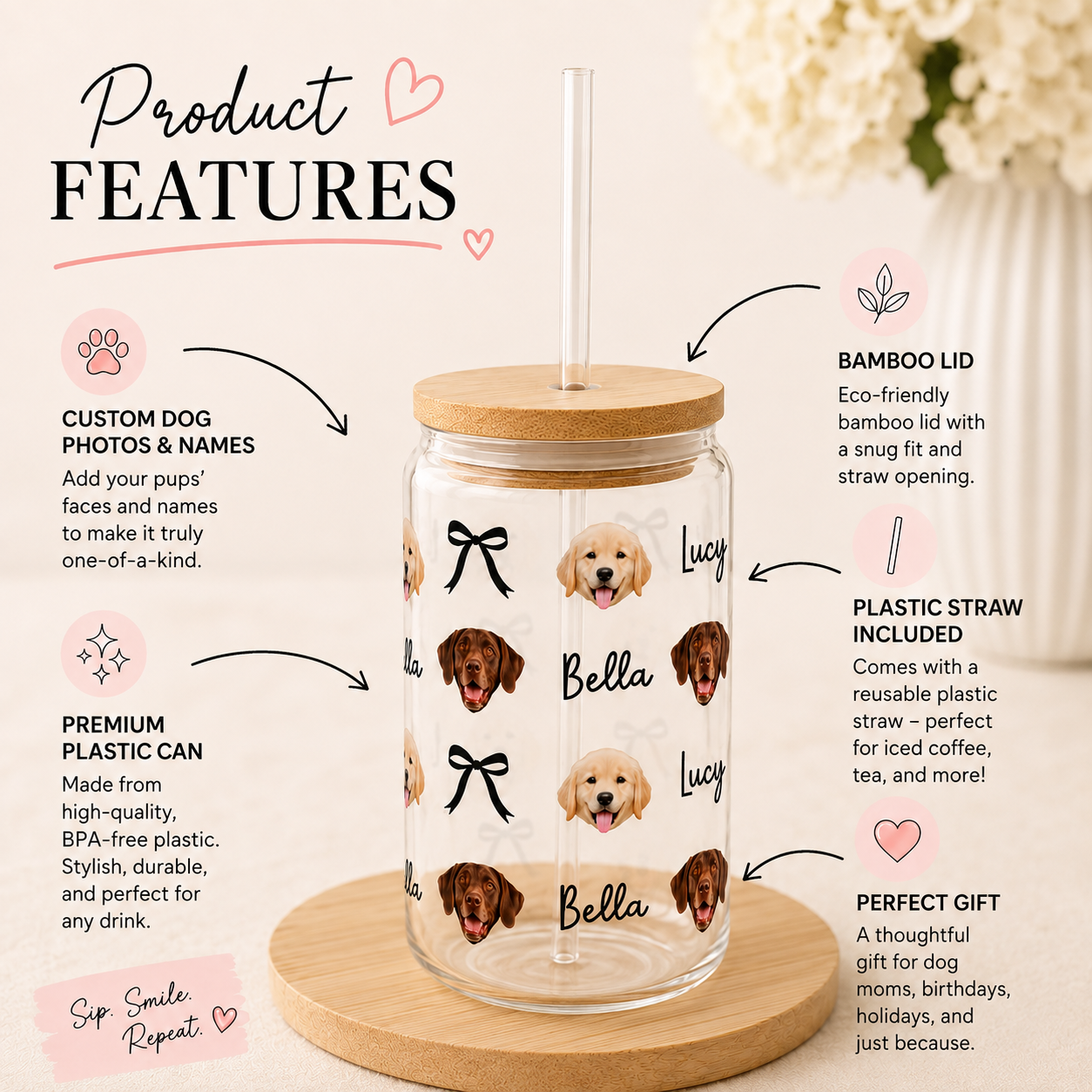 Personalized Dog Face Sipper Glass – 16oz Clear Tumbler with Bamboo Lid & Straw (Custom Name)
