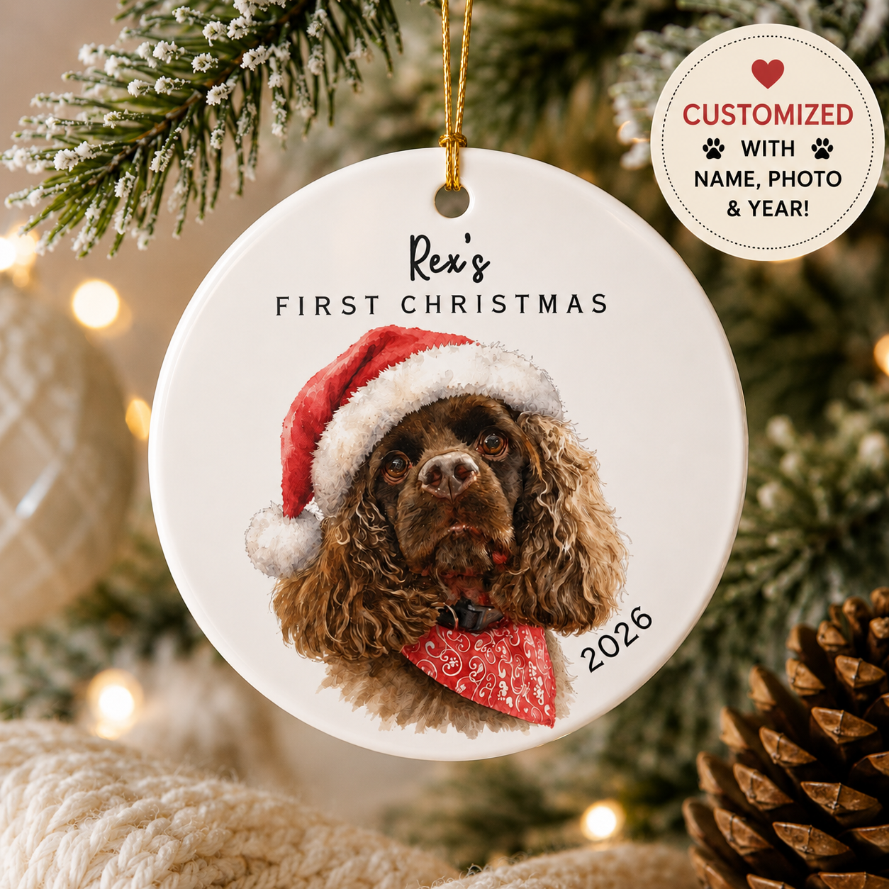Personalized Pet Ornament — "Rex's First Christmas 2026" Ceramic Holiday Decoration