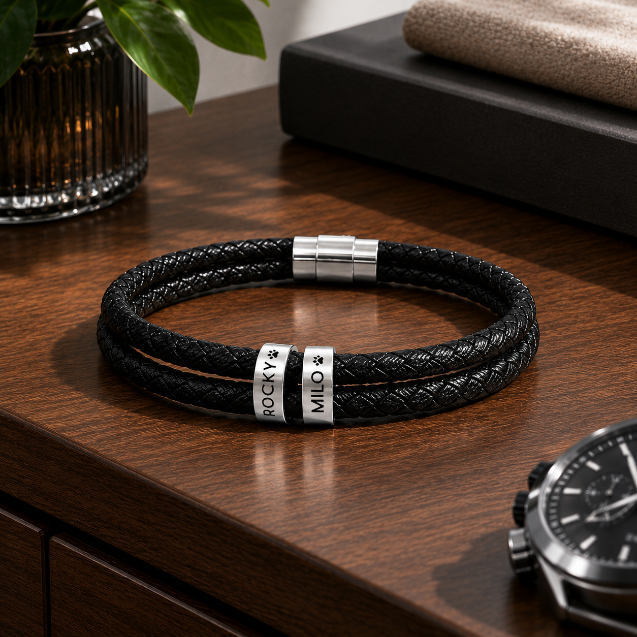 Engravable Black Braided Leather Bracelet with Stainless Steel Beads