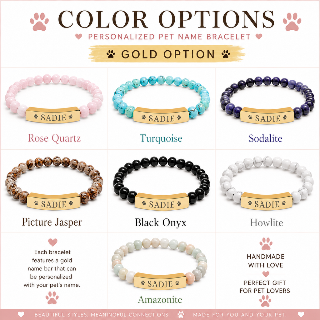 Engravable Natural Stone Stretch Bar Bracelet — Personalized Dog Name Beaded Bracelet