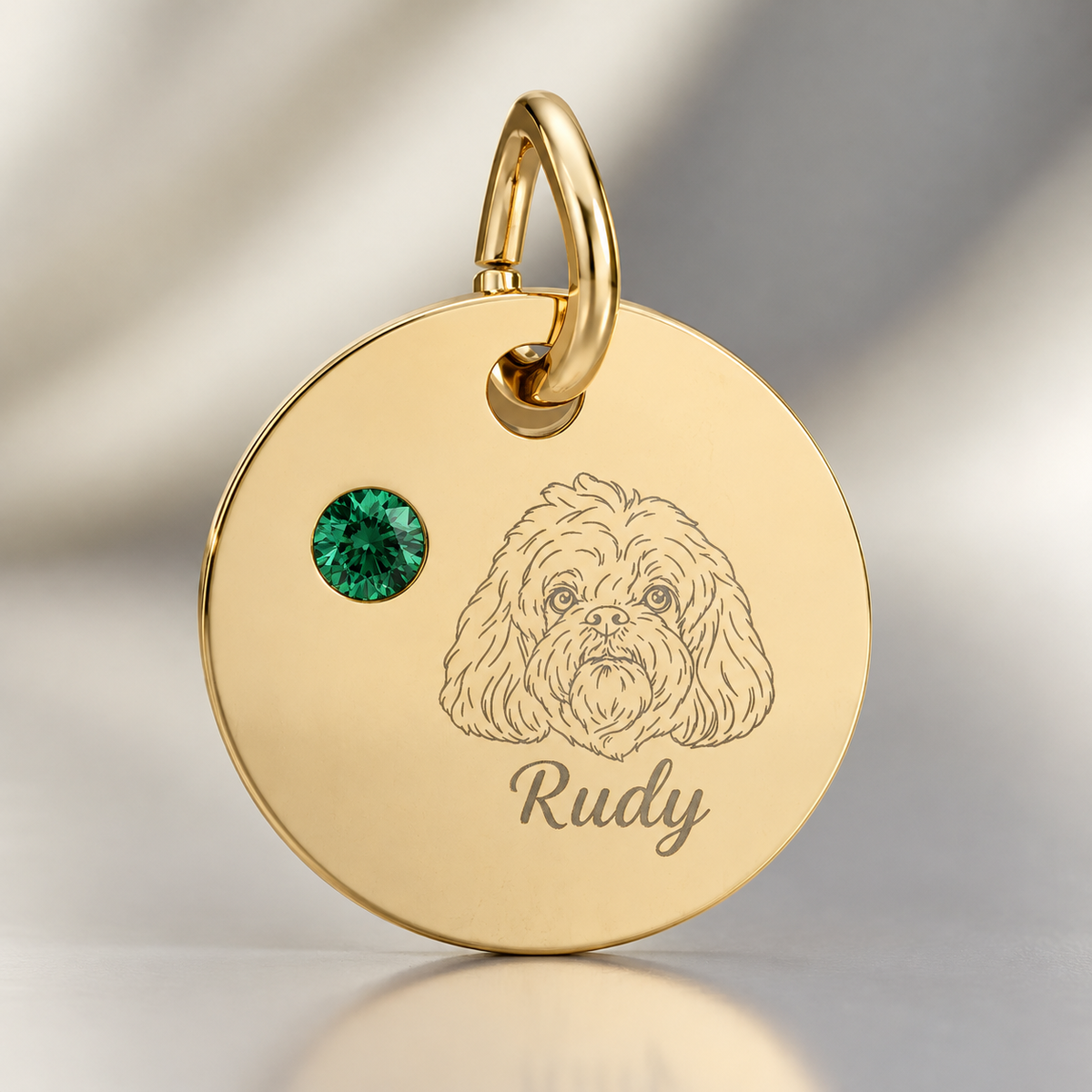 Engraved Birthstone Circle Charm — Personalized Pet Name & Birthstone Pendant