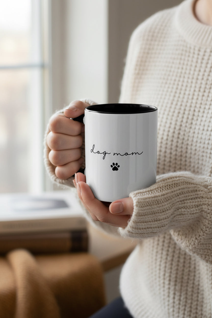 White mug with black handle and 'dog mom' text on a white background