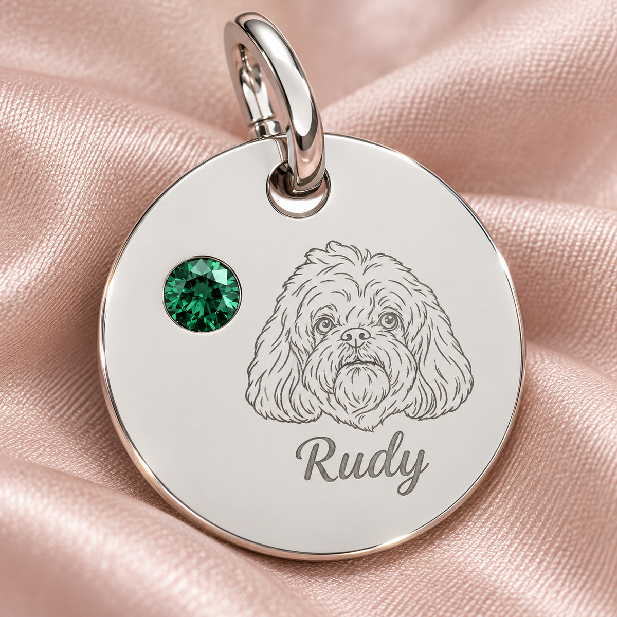Engraved Birthstone Circle Charm — Personalized Pet Name & Birthstone Pendant