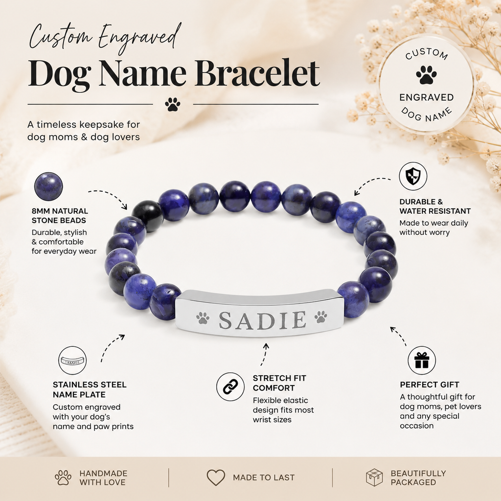 Engravable Natural Stone Stretch Bar Bracelet — Personalized Dog Name Beaded Bracelet