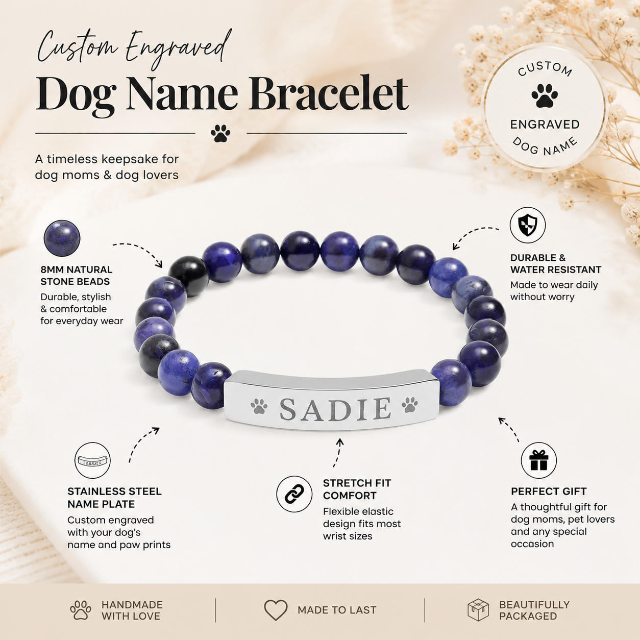 Engravable Natural Stone Stretch Bar Bracelet — Personalized Dog Name Beaded Bracelet