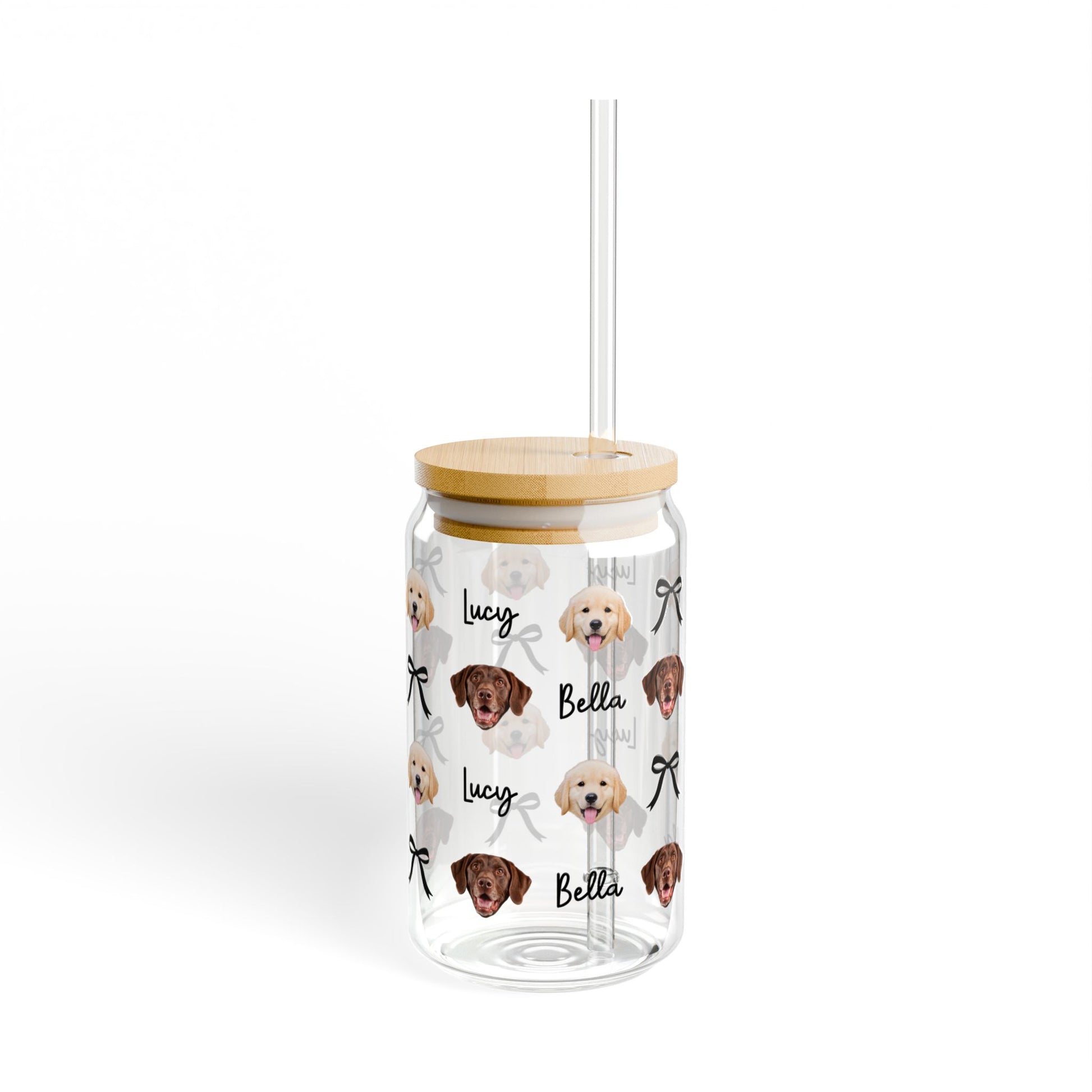 Personalized Dog Face Sipper Glass – 16oz Clear Tumbler with Bamboo Lid & Straw (Custom Name)
