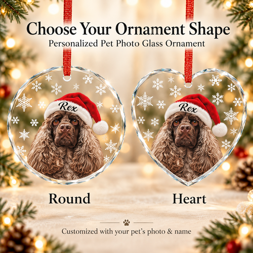 Crystal Dog Ornament — Personalized Santa Hat Cocker Spaniel Heart Glass Decoration