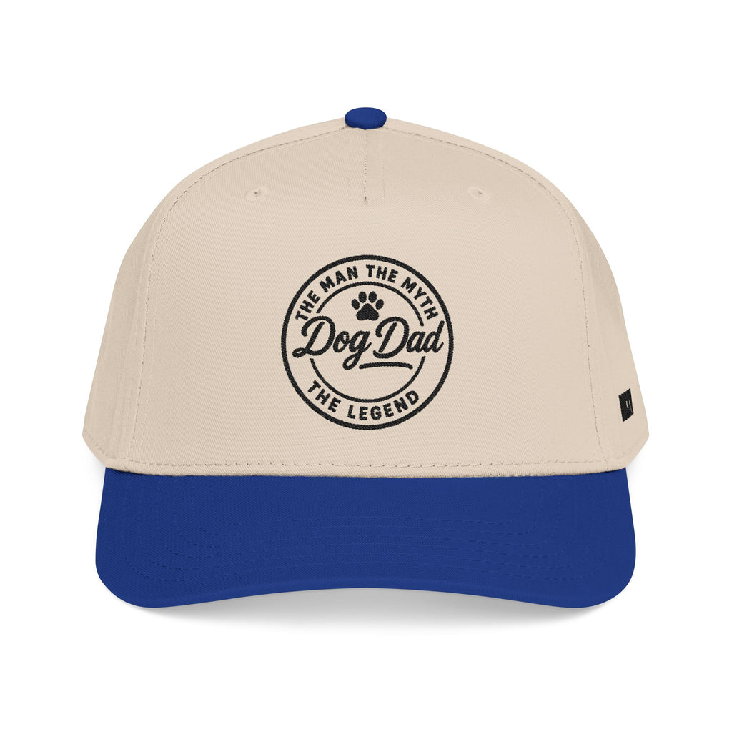 Beige and blue cap with 'Dog Dad' text on a white background