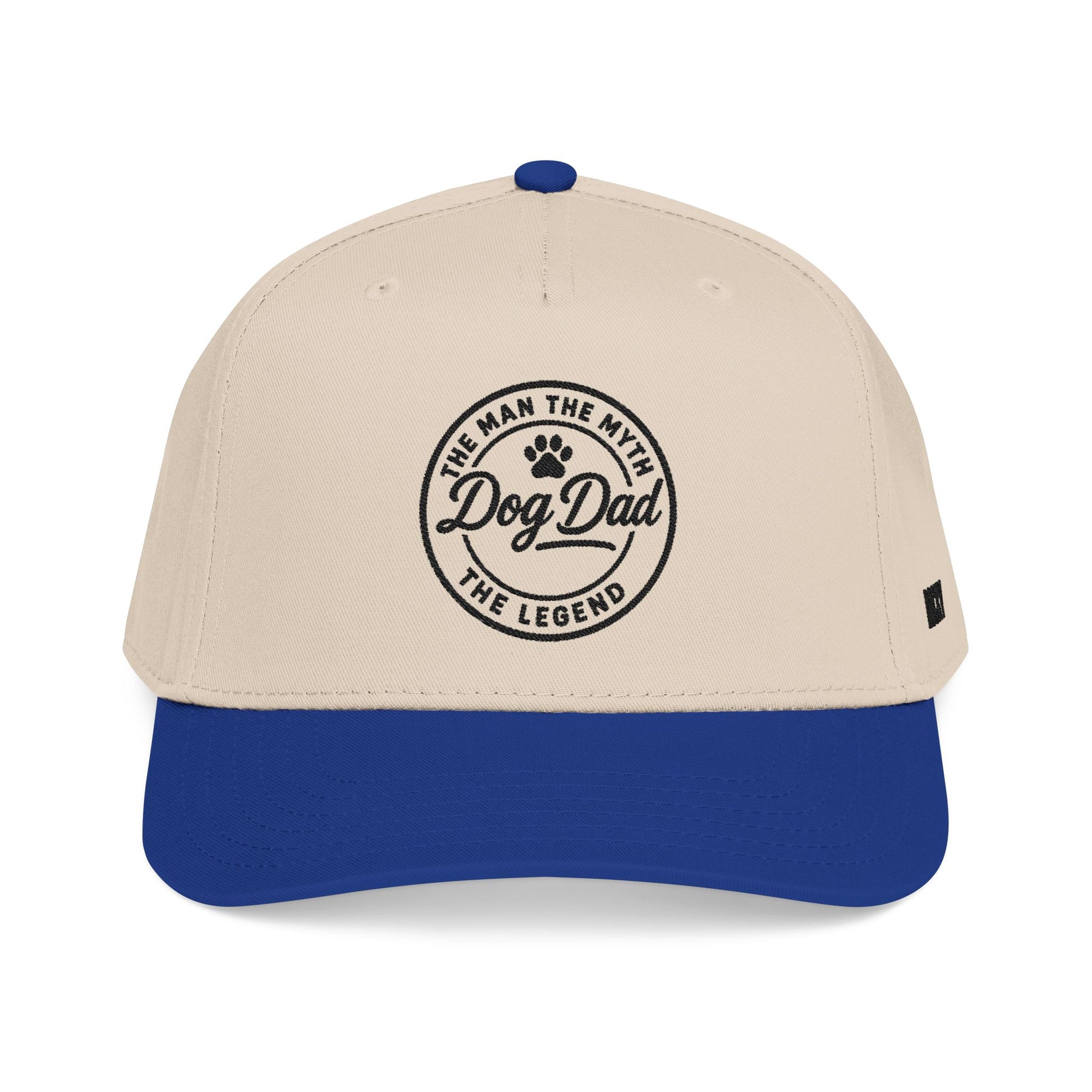 Beige and blue cap with 'Dog Dad' text on a white background