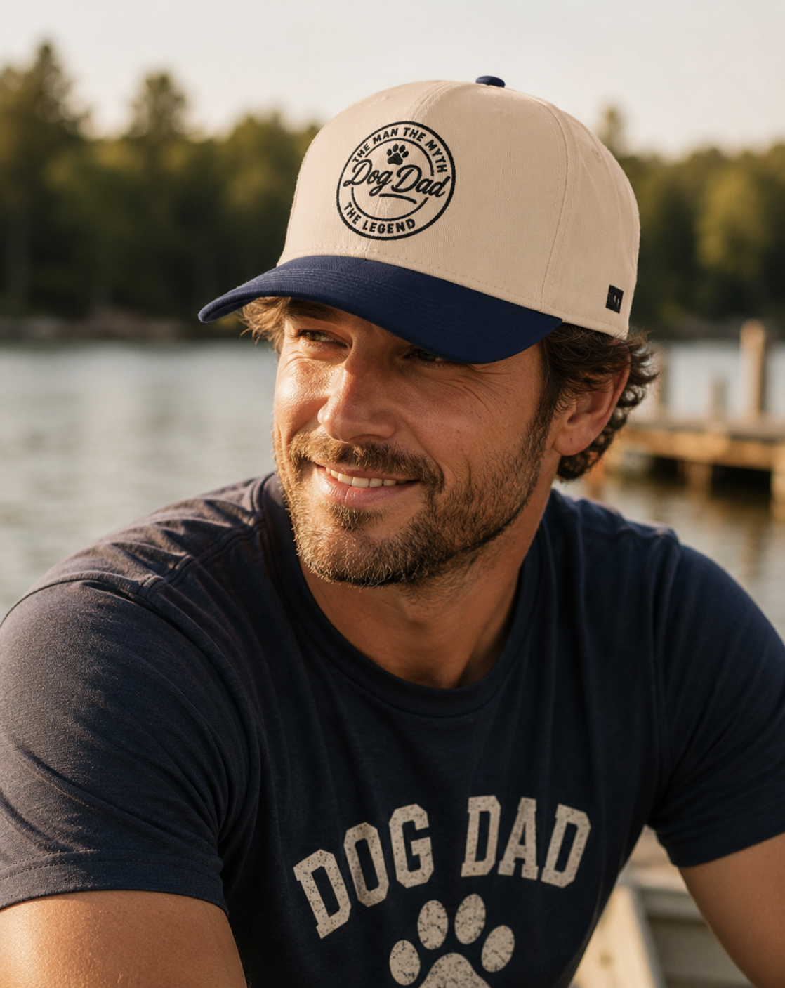 Man wearing a dog dad cap and t-shirt by a lake