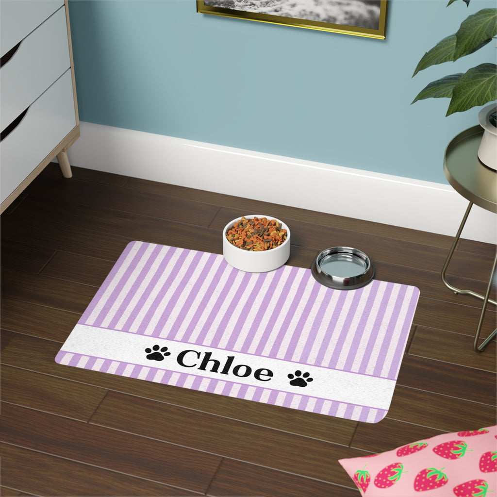 Personalized Purple Stripe Pet Food Mat – Custom Name Paw Print Placemat (12x18)