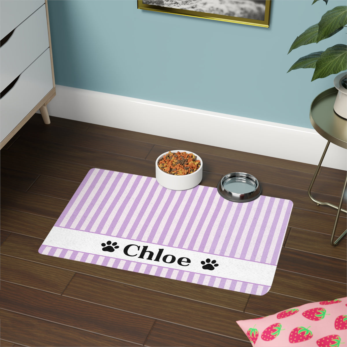 Personalized Purple Stripe Pet Food Mat – Custom Name Paw Print Placemat (12x18)