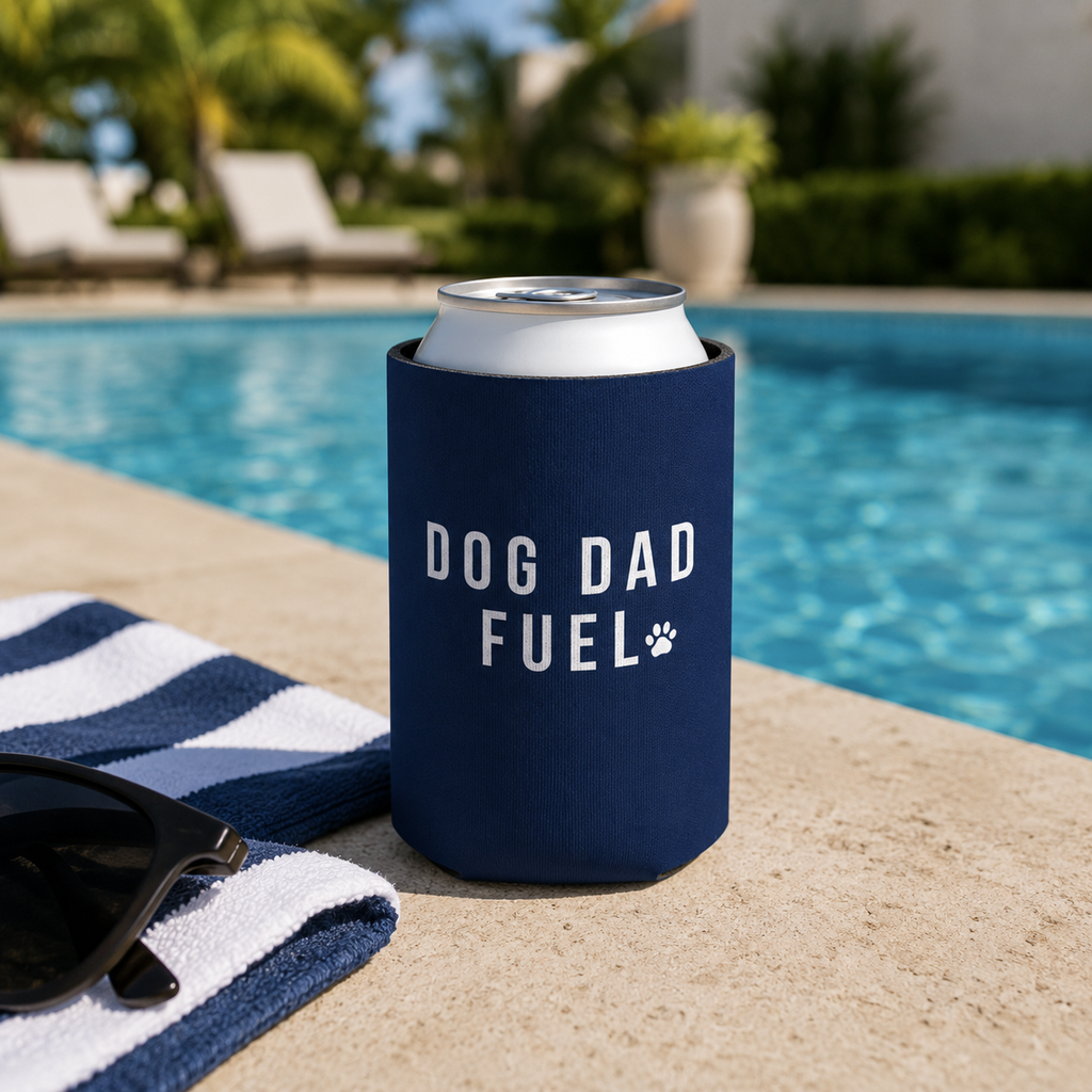 Dog Dad Fuel Can Cooler — Navy Can Koozie with Paw Print