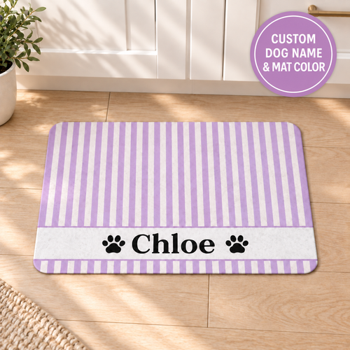 Personalized Purple Stripe Pet Food Mat – Custom Name Paw Print Placemat (12x18)