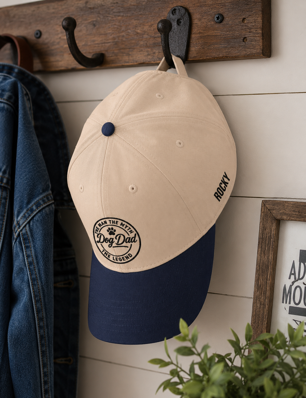 Beige and navy cap with 'Dog Dad' logo hanging on a wooden hook with a denim jacket and plant in the background.