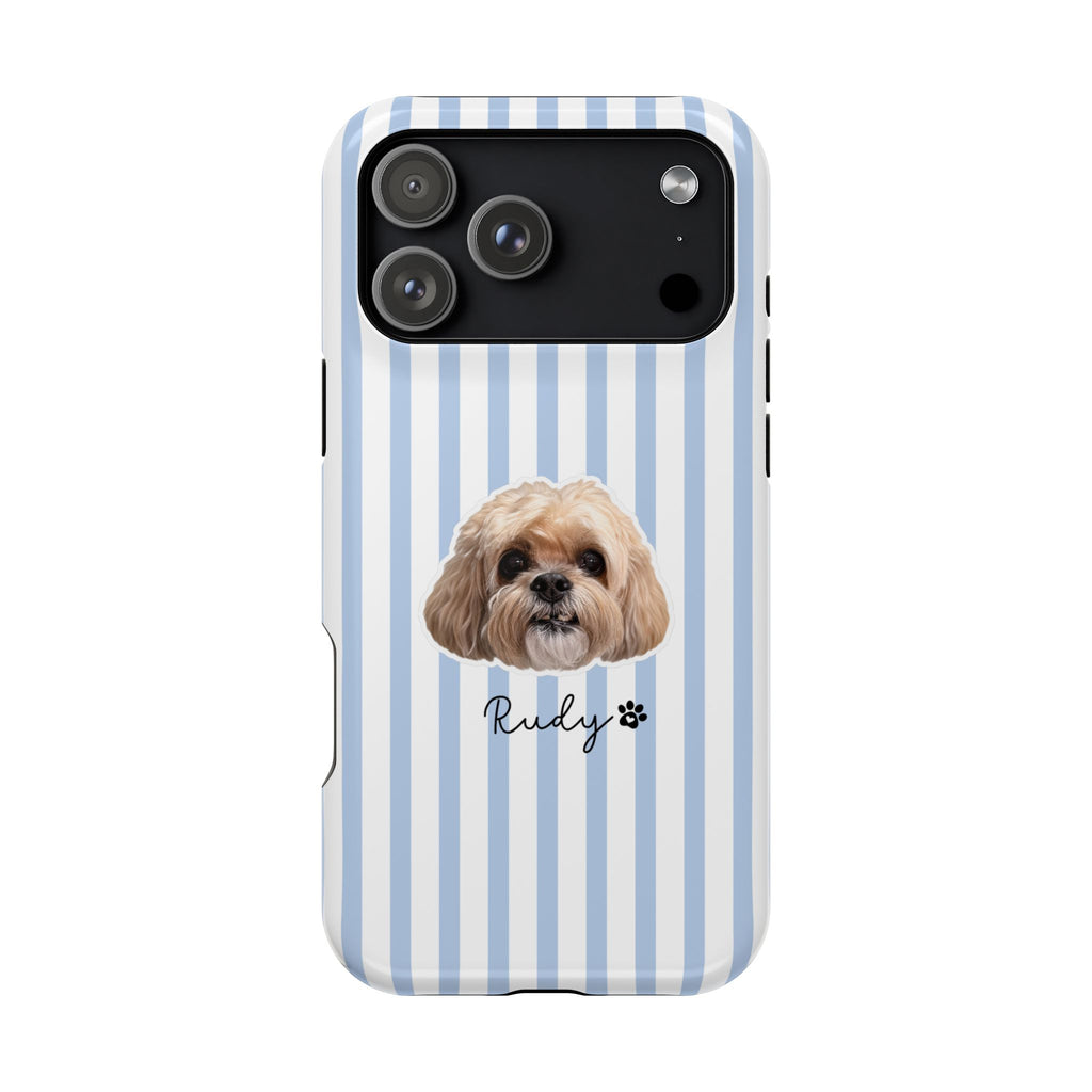 A phone case with a light blue and white vertical stripe pattern, featuring a printed illustration of a Shih Tzu dog head and the name 'Rudy' with a small paw print.