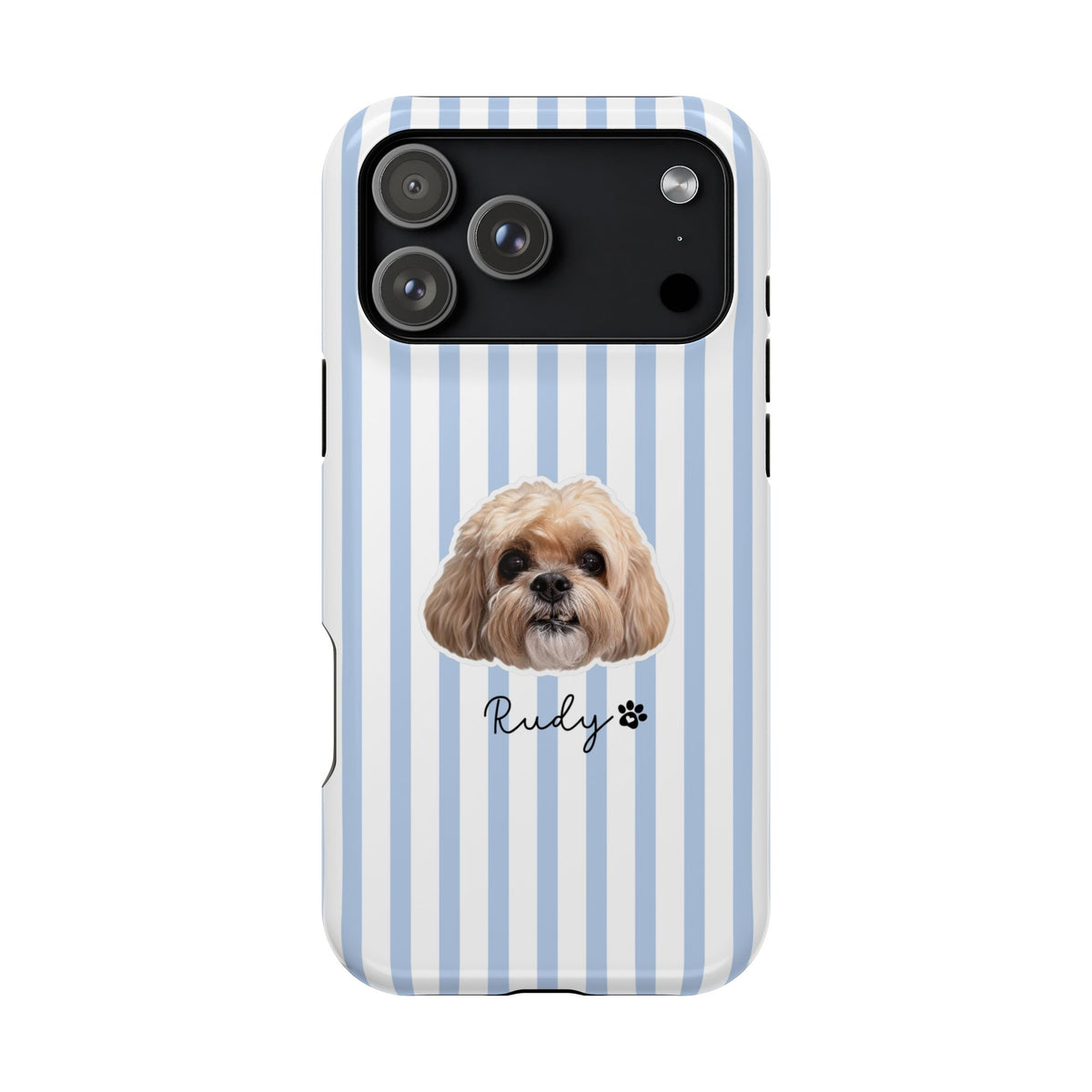 A phone case with a light blue and white vertical stripe pattern, featuring a printed illustration of a Shih Tzu dog head and the name 'Rudy' with a small paw print.