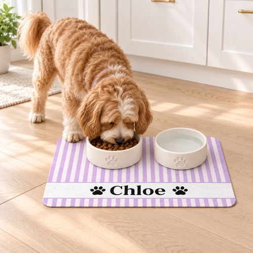 Personalized Purple Stripe Pet Food Mat – Custom Name Paw Print Placemat (12x18)